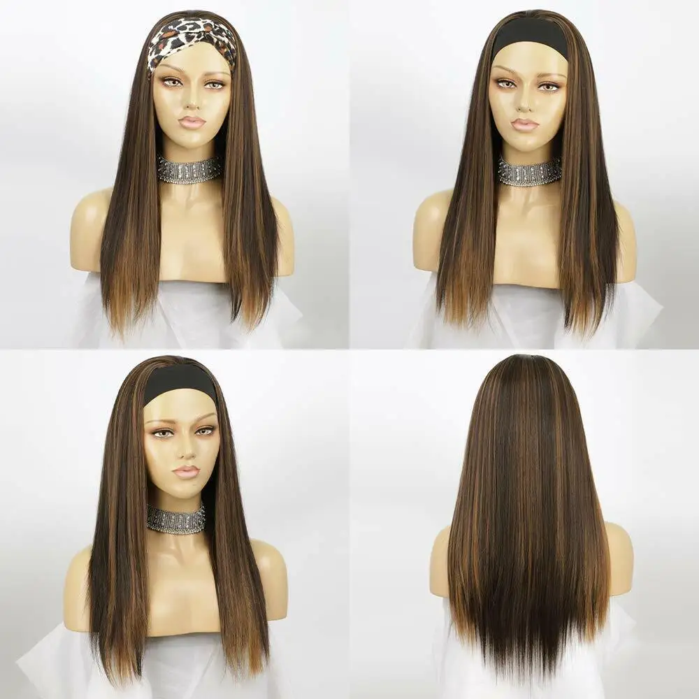 Women's Long Highlight Brown mixed Headband  Synthetic Straight Hair Wigs