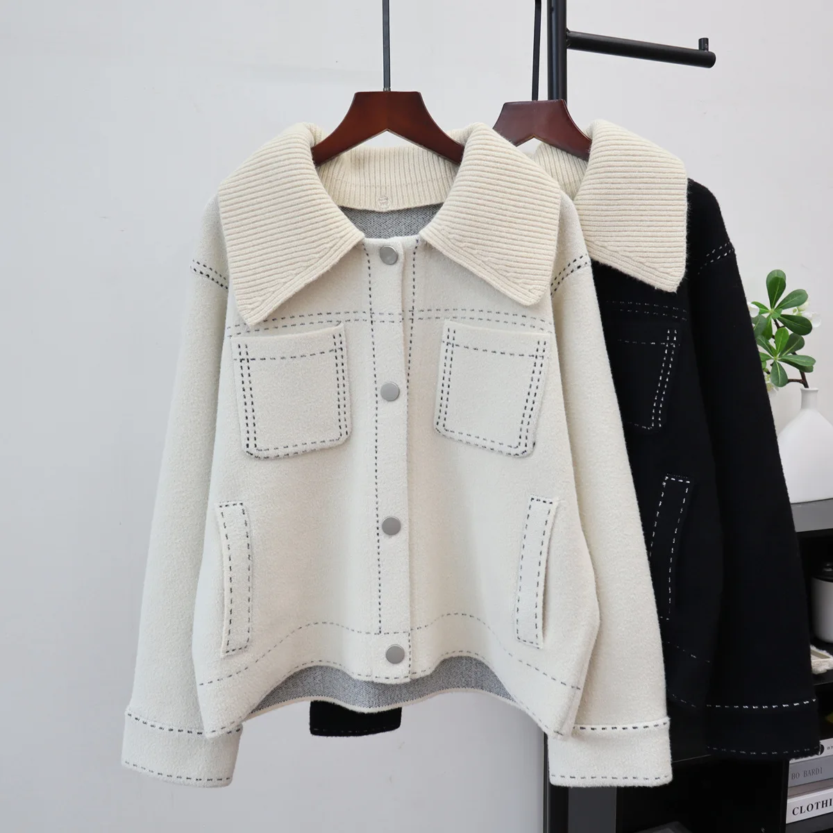 

Women Winter Warm Faux Woolen Coat Detachable Knitting Collar Loose Jacket Female Versatile One Breasted Full Sleeve Outerwears