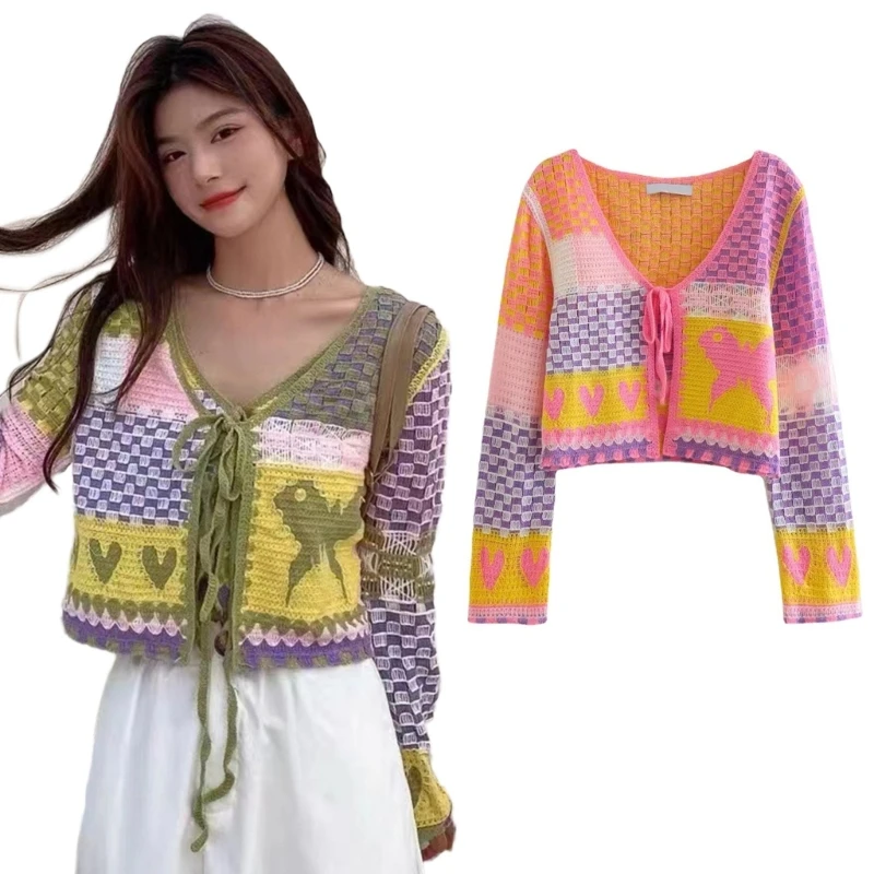Cardigan con lacci sul davanti aperto a maniche lunghe da donna autunno Colorblock Plaid Heart Hollow Crochet Knit camicie larghe Crop Top