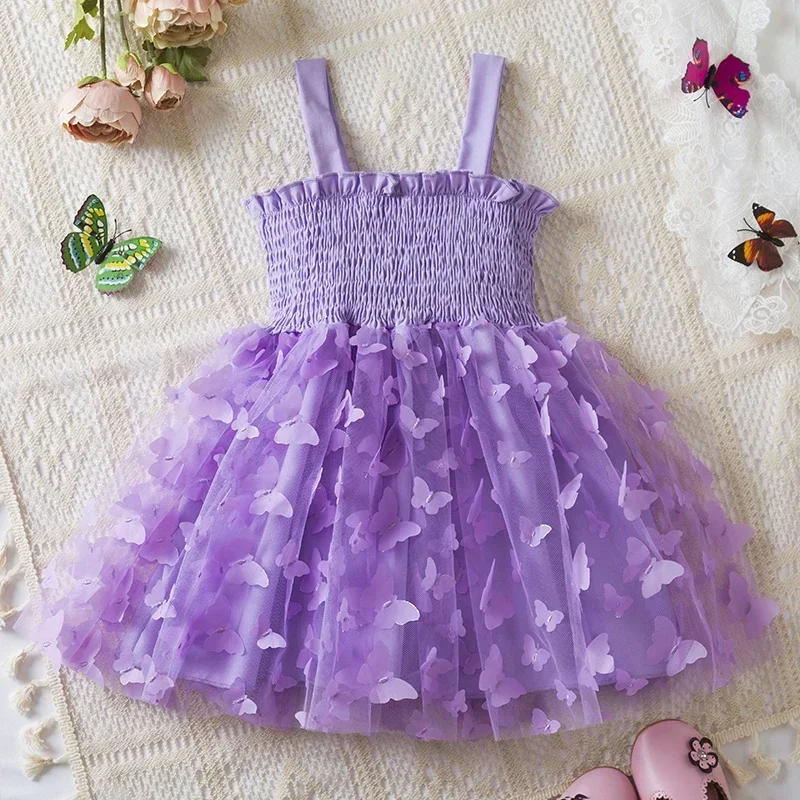 

2024 New Summer Baby Girl Dress 3D Butterfly Tulle Suspender Mesh Princess Dresses for Girls 2-6 Yrs Kids Birthday Party Clothes