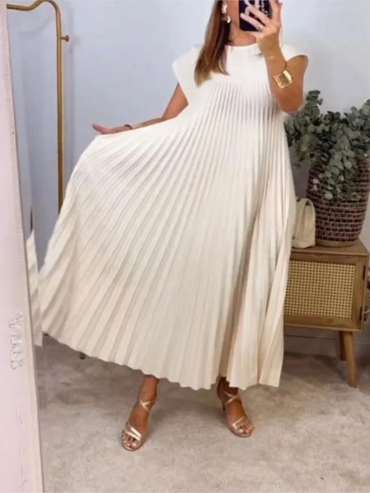

Loose Solid Color High Waist Big Hem Pleated Dress Spring Summer New Fashionable O Neck Sleeveless Pleated Women Long Dresses