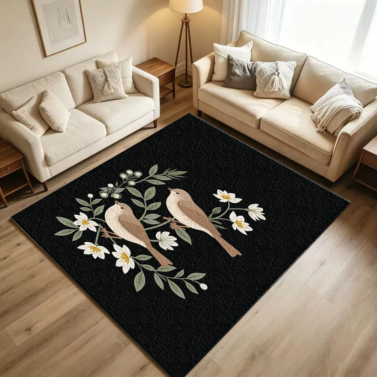 Vintage Bird Floral Wreath Carpet Flooring, Nature Animal Flower Print Non-Slip Floor Rug for Bedroom Living Room Home Decoration