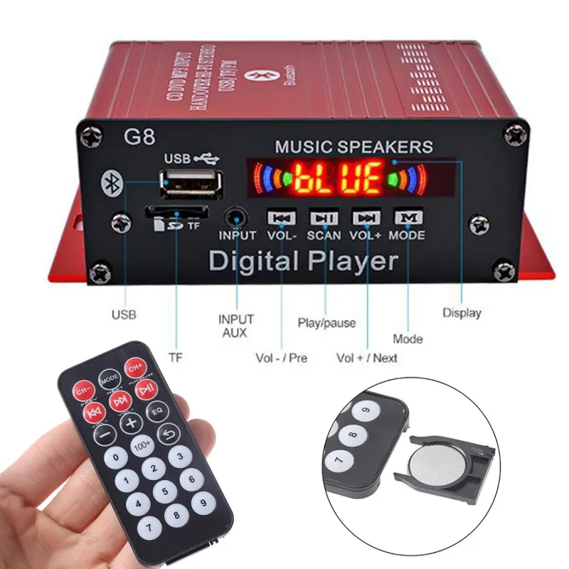 G8 Coche 12V 200W Reproductor digital de 4 canales Amplificador de potencia Estéreo bluetooth AUX FM MP3 con control remoto