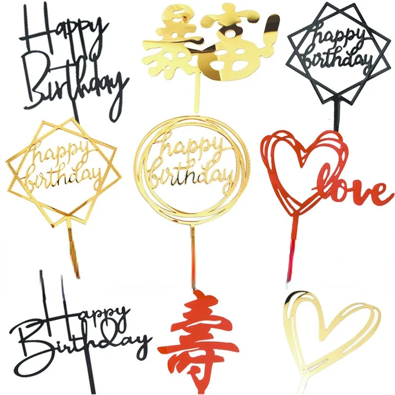 10 Pcs Happy Birthday Cake Topper Pink Gold Acrylic Cake Toppers Baby Shower Cake Birthday Party Cakes Flag Decorations 10x15cm