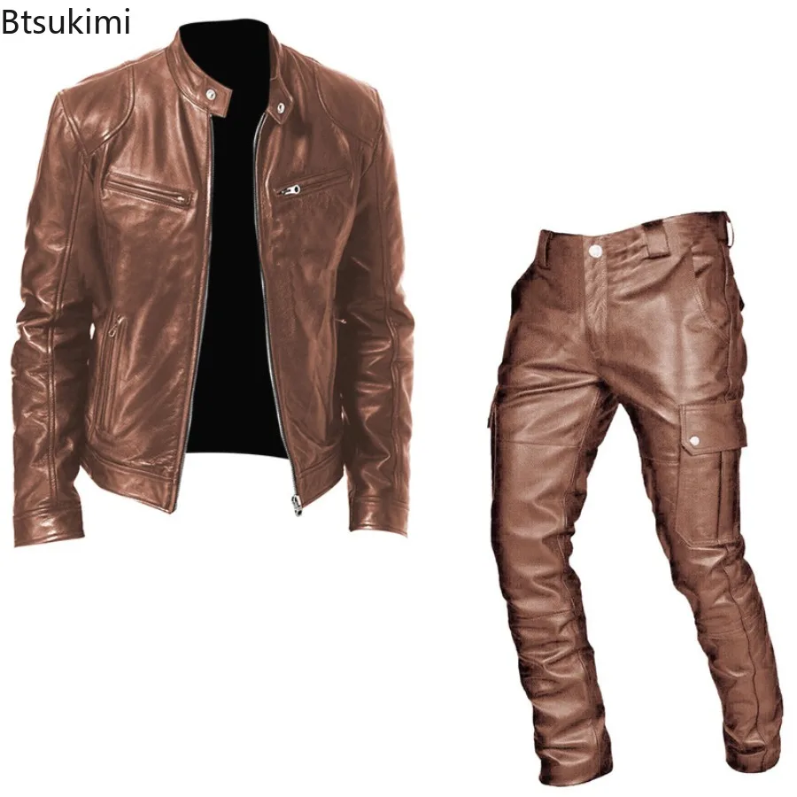 Fashion Motorcycle Leather Clothes Sets Men's Multi-pocket Stand Collar PU Jack… - Image 2