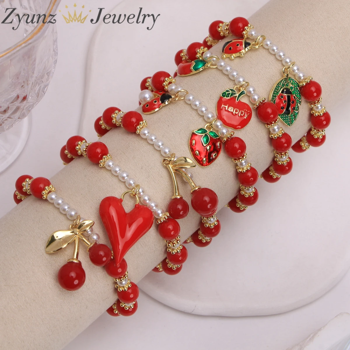 

5PCS, Red Heart Bracelets for Women Copper Gold Plated Heart Bracelets Fruit Jewelry Gifts for Her