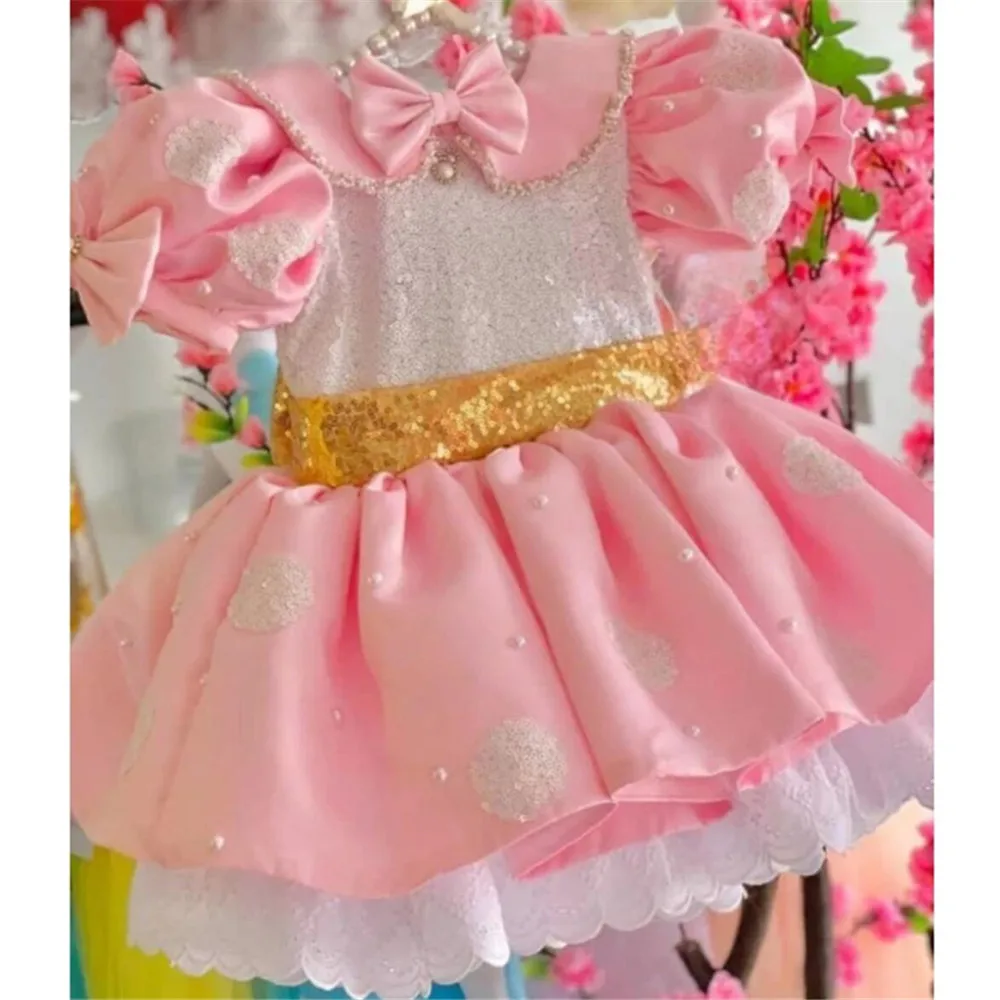 فستان فتاة وردي فاخر مزين بياقة مربعة وأكمام منتفخة فستان الأميرة للأطفال لحفلات الزفاف وأعياد الميلاد الأولى #3