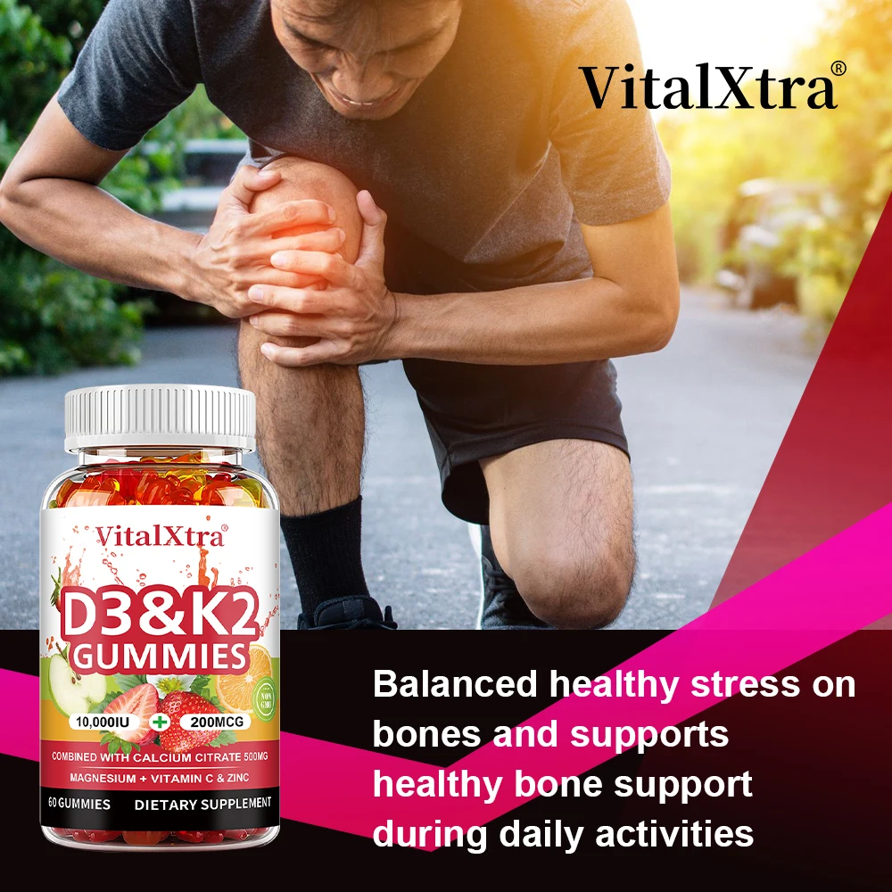 天然ビタミンD3 K2グミ、健康な骨、関節、歯、肌をサポート、免疫健康サプリメント、遺伝子組み換えなし、グルテンフリー