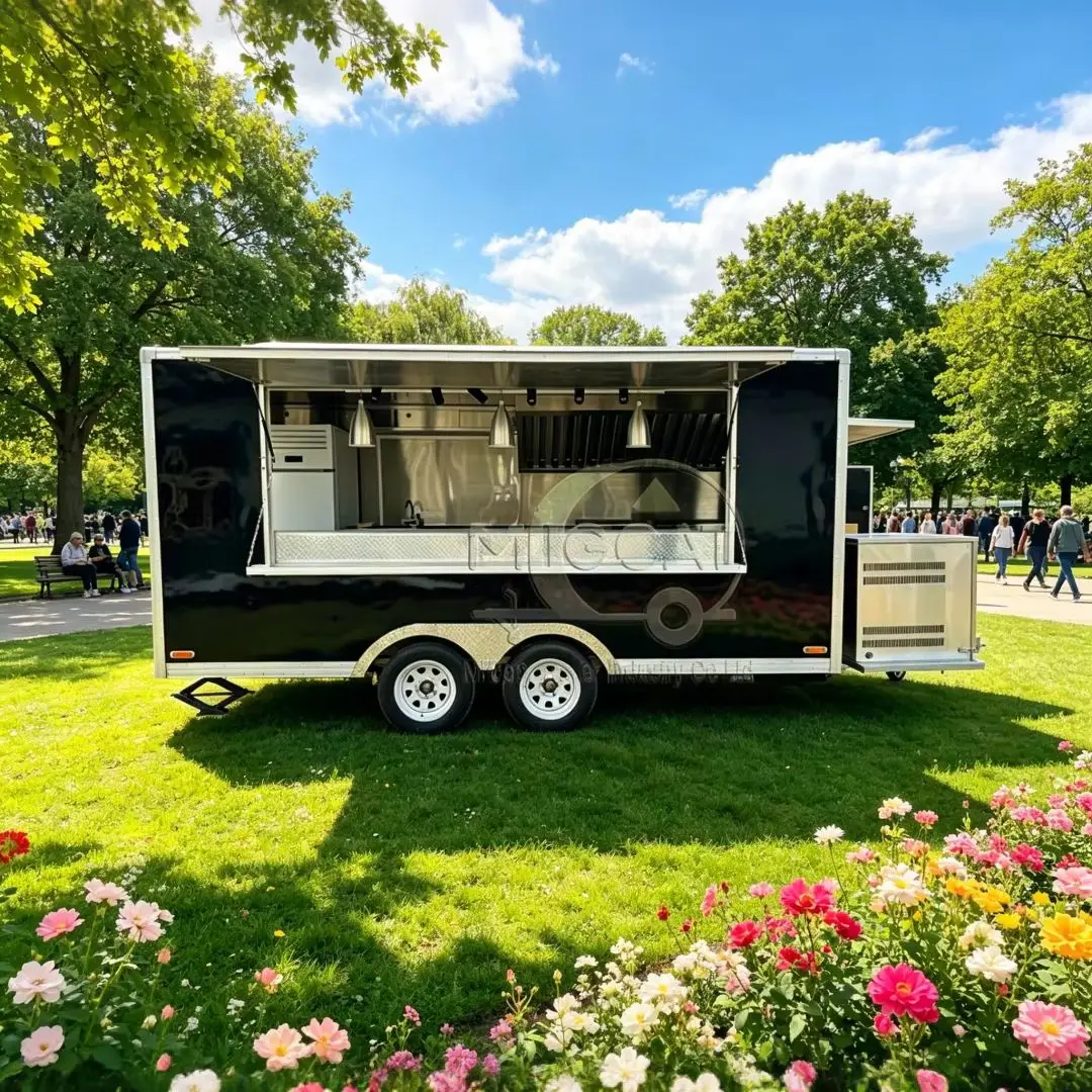 

Black 2-Axle Commercial Food Truck Mobile Kitchen with Awning for Fast Food Street Vending Business