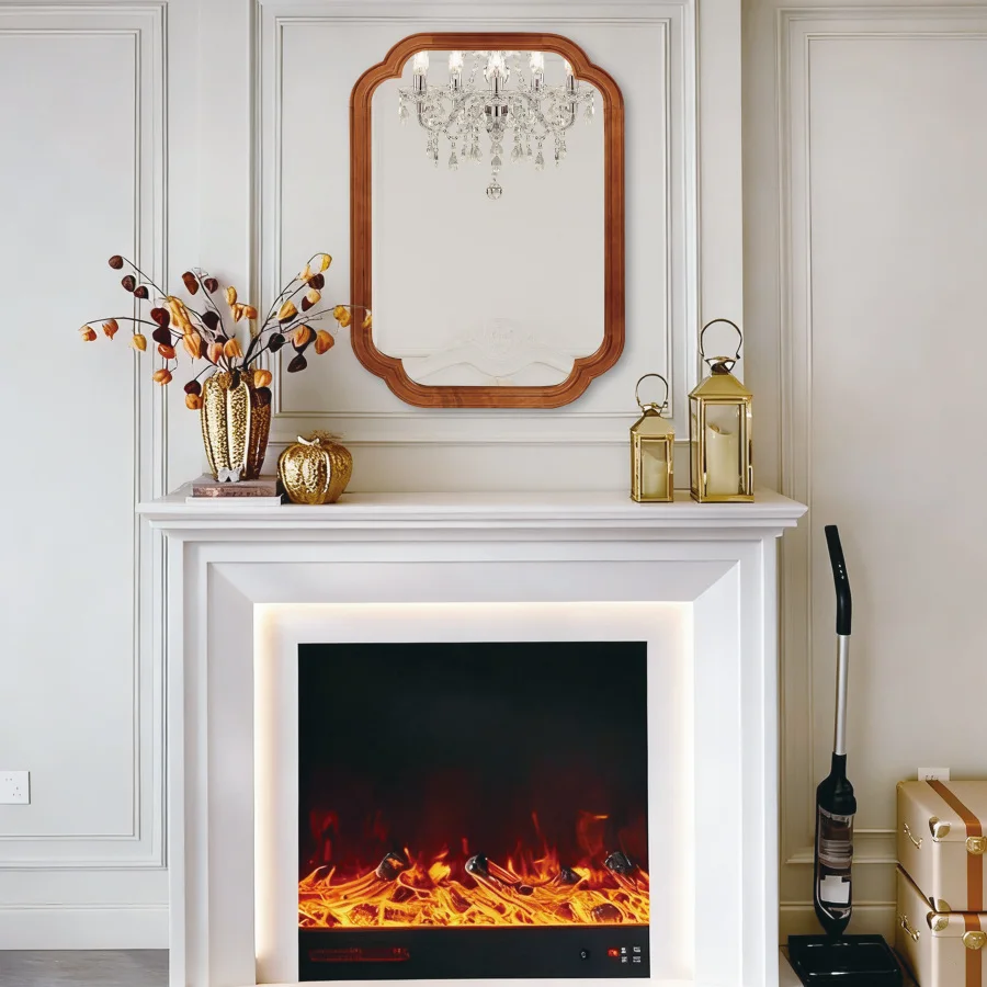 

Желтово-коричневый цвет 24 "x 36" каркас из цельного дерева с закругленными углами, декоративное зеркало для спальни, ванной комнаты, гостиной, прихожей