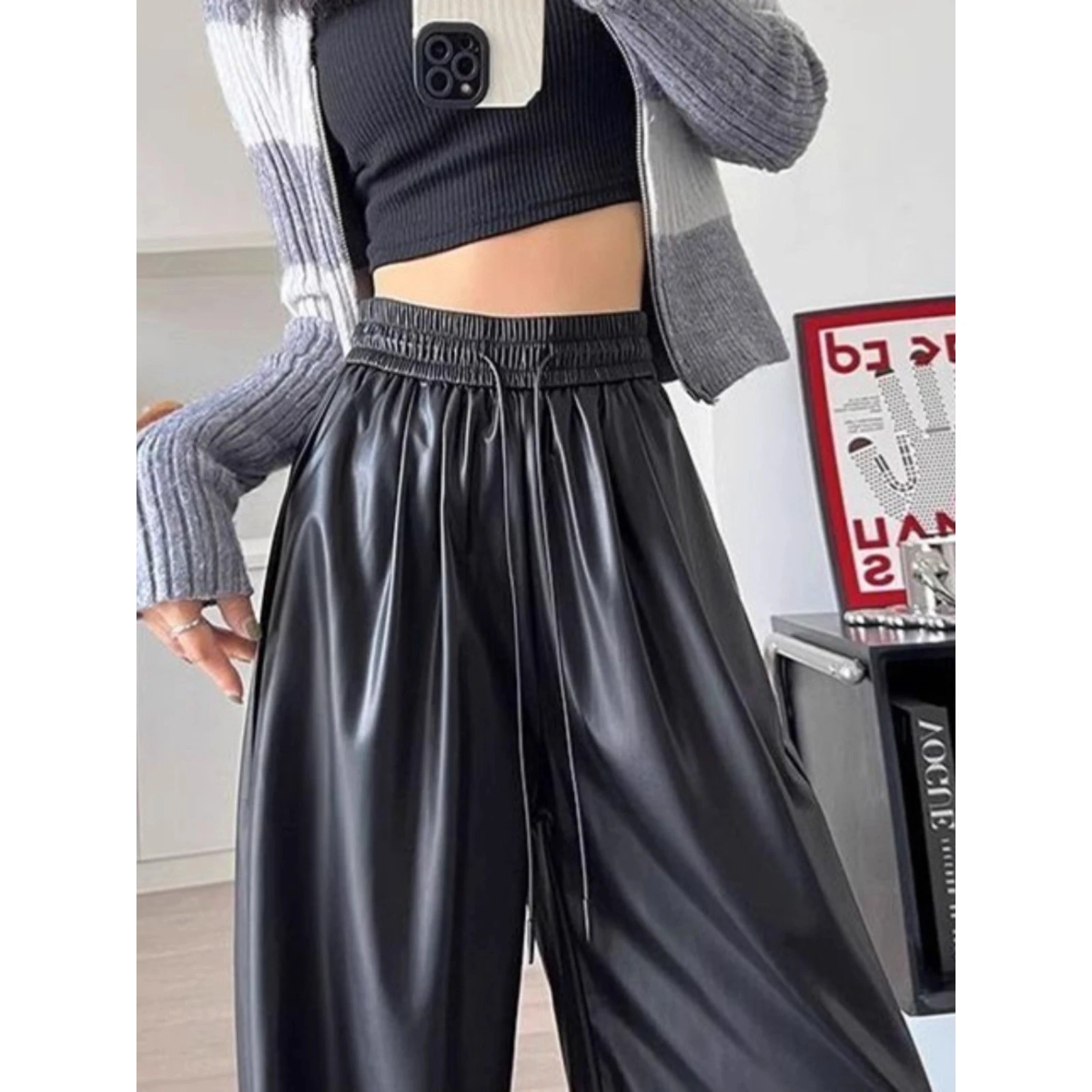 メンズハイウエストストレートレッグPUレザーワイドレッグパンツ秋冬プラスサイズファッショナブルスリムロングパンツカジュアルウェア