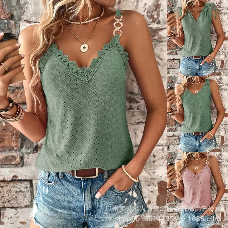 Chain Decor Eyelet Embroidery Lace Patch Tank Top Women V Neck Sleeveless New Spring Summer Camis Tanks Tops Sexy