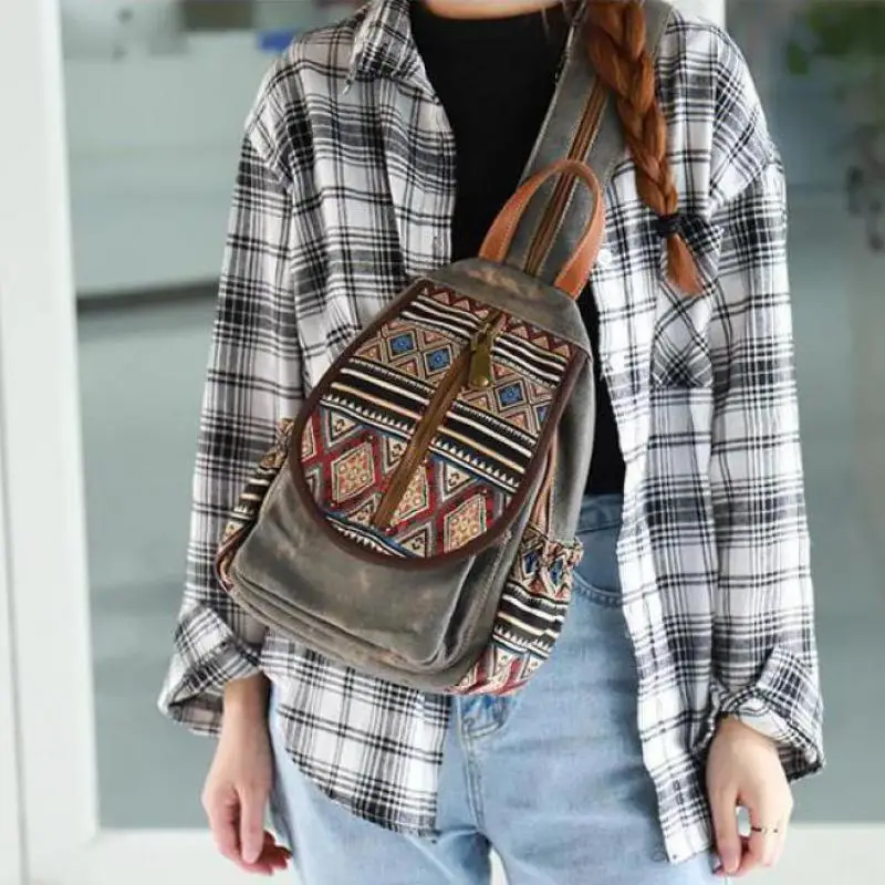 Johnature Vintage Embroidered Backpack 2024 New Denim Fashion Women Chest Bag Versatile Canvas Casual Multi Layer Backpacks