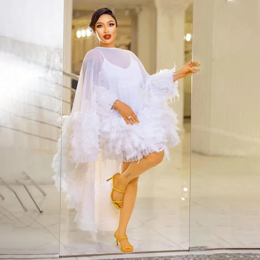 2025 Women Fashionable African White Black Mesh Patchwork Feather with Suspender Inner Skirt Sexy Gauze Skirt Swan Skirt Dress