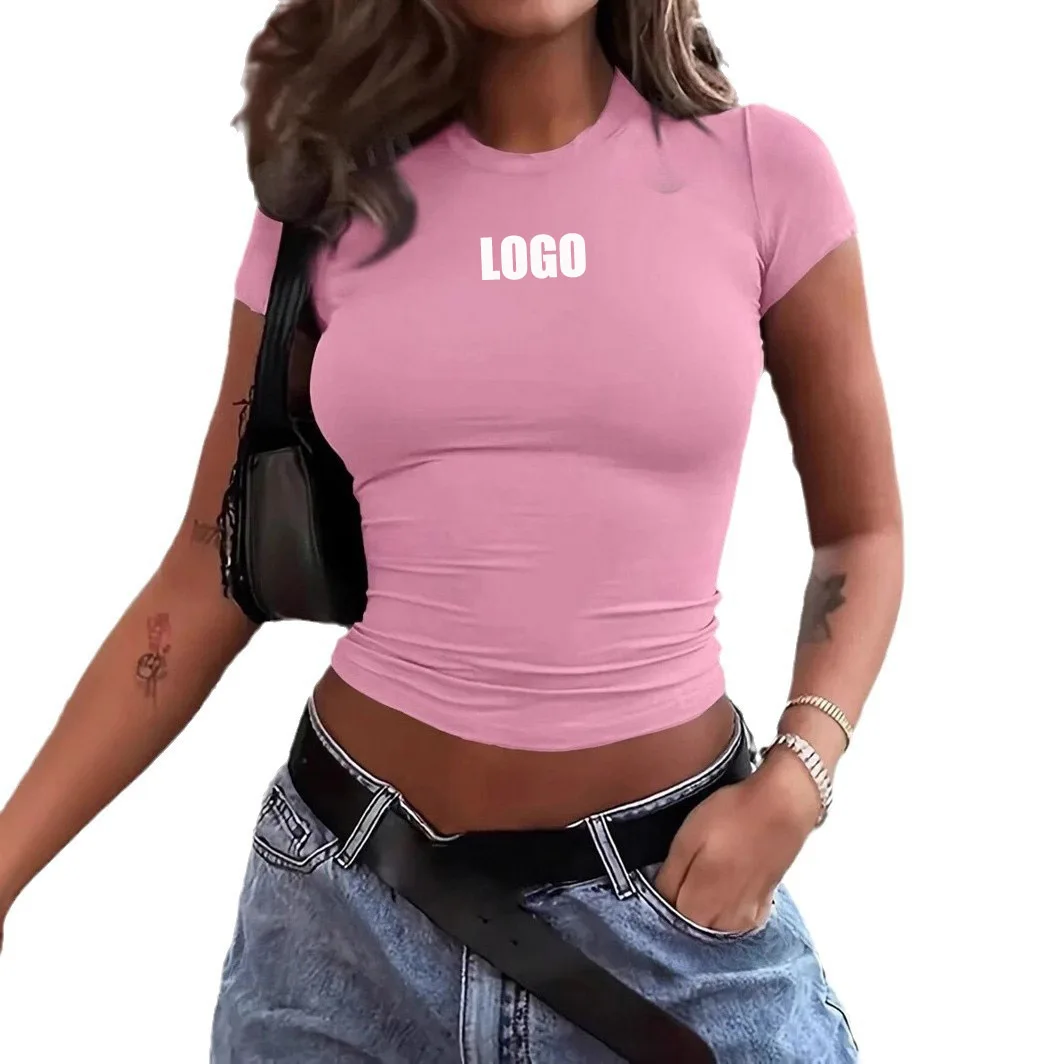 Custom LOGO Women's 2025 Europe and the United States popular round neck short sleeve short T-shirt top