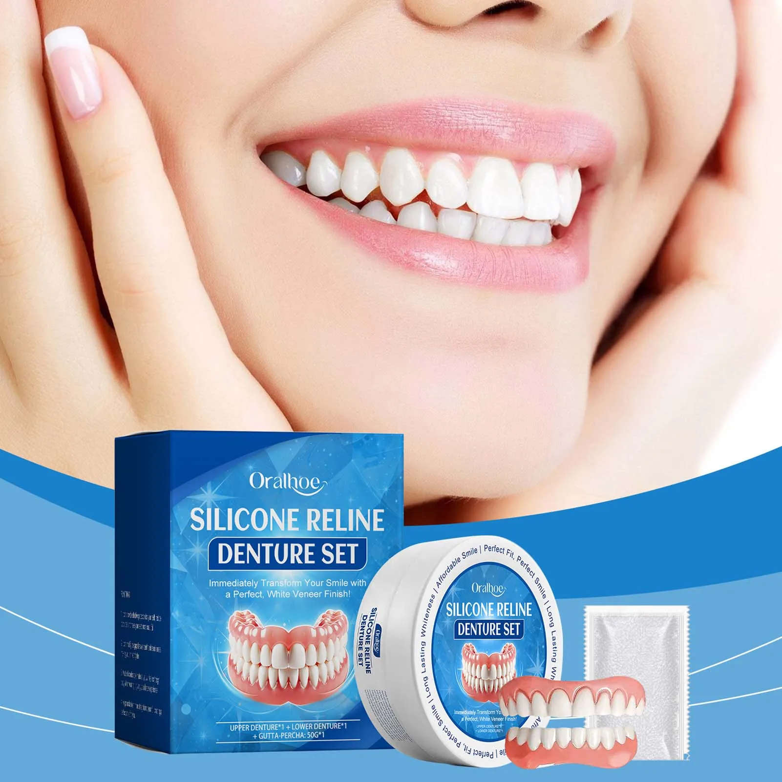 Silicone Reline Denture Set Perfect Smile Teeth Veneers Hide Missing Crooked Stained Broken Teeth