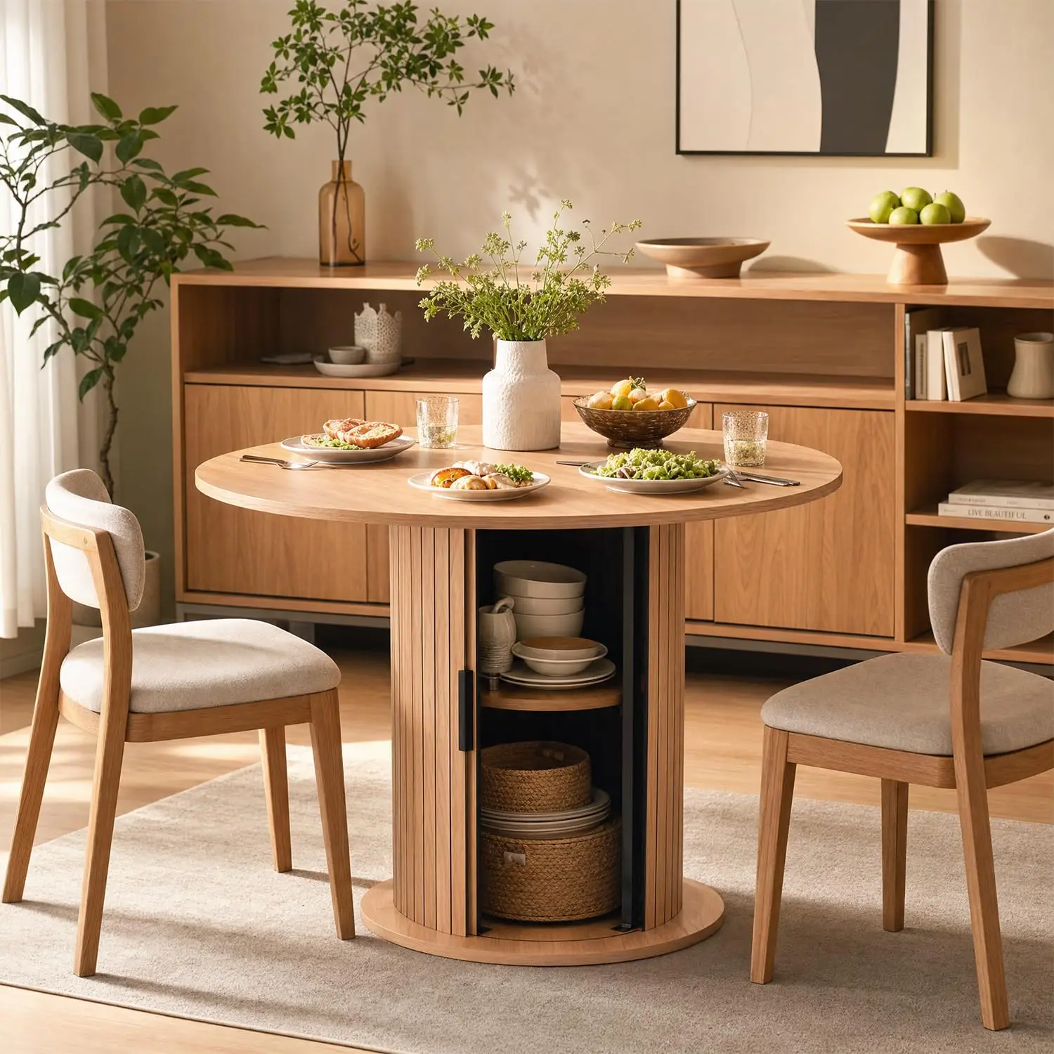 Round Round Dining Table with Built-in Storage Cabinet, Rustic Wood Grain Pedestal Dining Table, Farmhouse Style Dinner Table for Kitchen Dining Room - Aliexpress Deal
