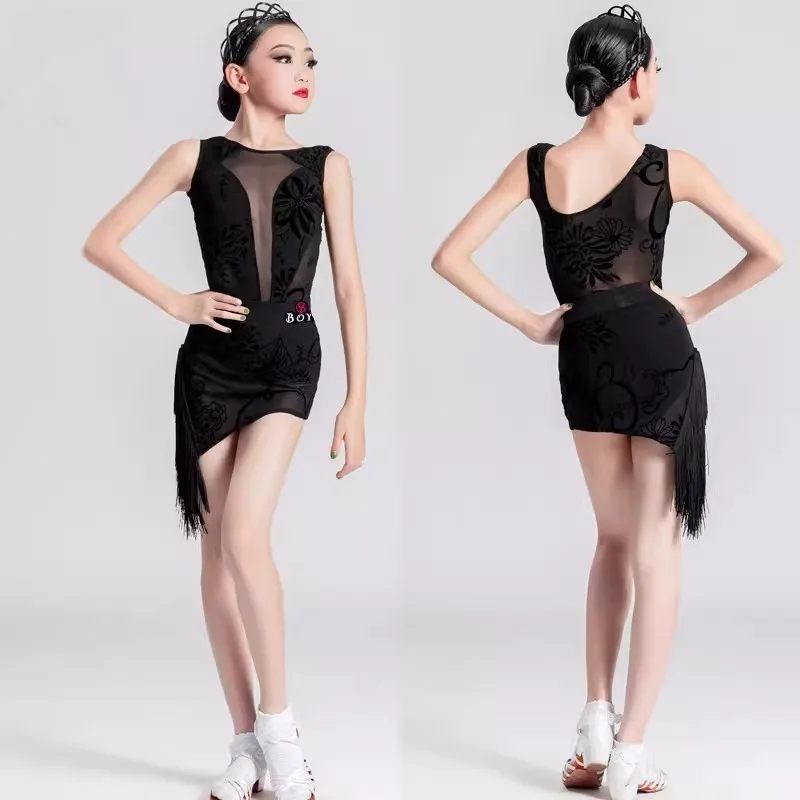 

Sleeveless Summer Girls Latin Dance Outfit Backless Fringe Tulle Kids Professional Competition Practice Costume for Art Exam