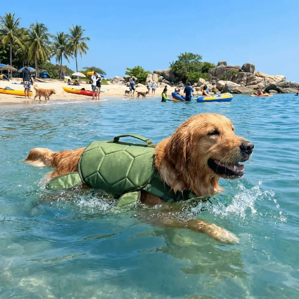 Cute Turtle Shape Pet Life Jacket Adjustable Life Preserver Dog Safety Vest Reflective Portable Handle Dog Swimsuit view 3