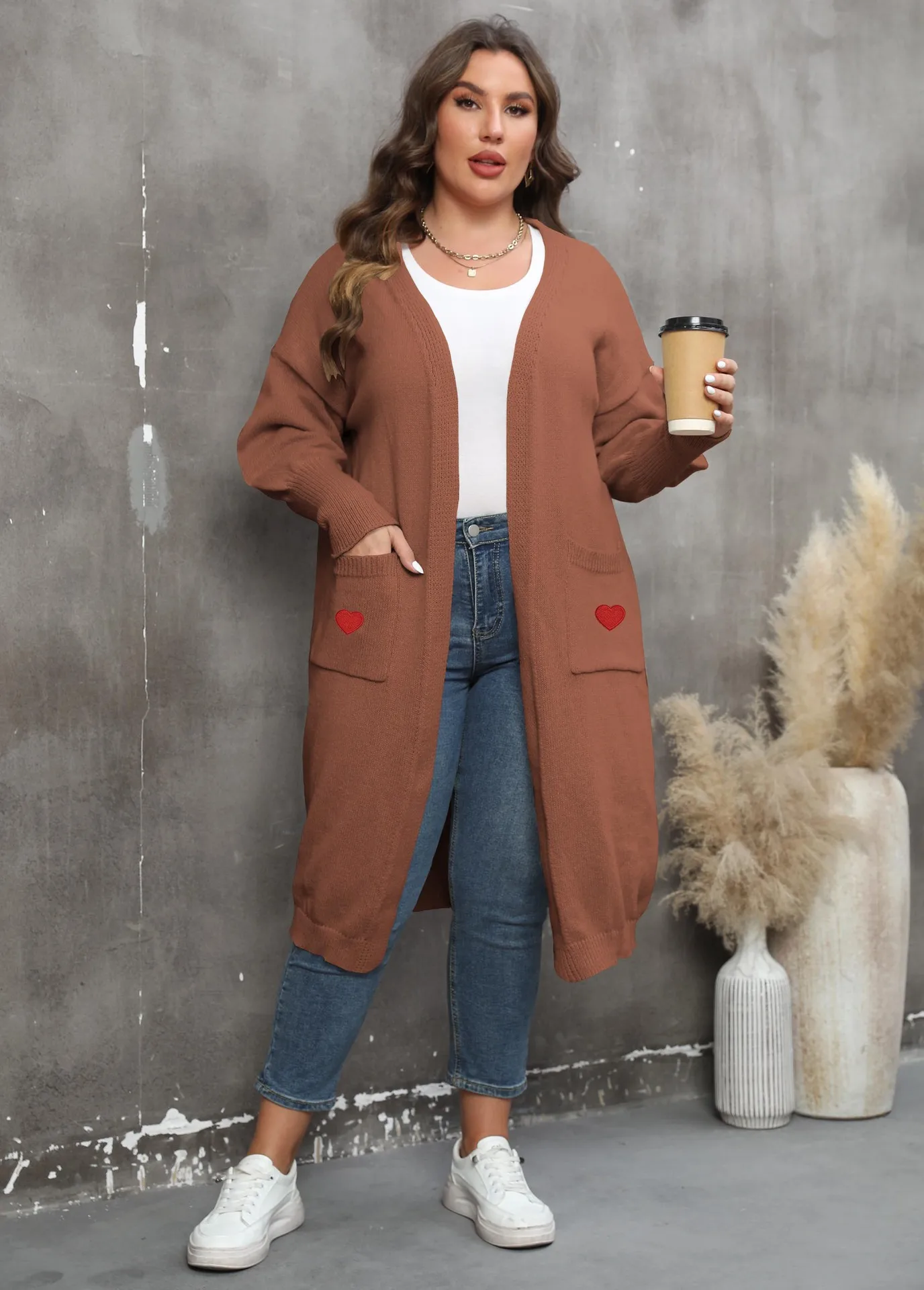 Cardigan Tissé à Manches Lanternes pour Femme, Manteau de Grande Taille, Mi-Long, Double Poches, Décontracté, Solide, Document, Vêtements d'Extérieur