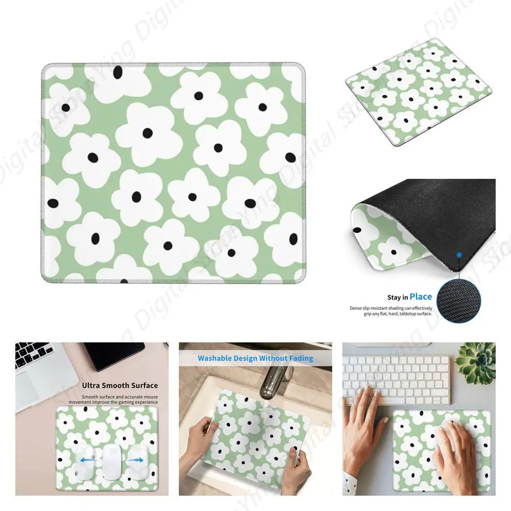 Mouse pad com padrão floral verde fofo, adequado para laptops de escritório e jogos, mouse pad de borracha antiderrapante 18*22cm