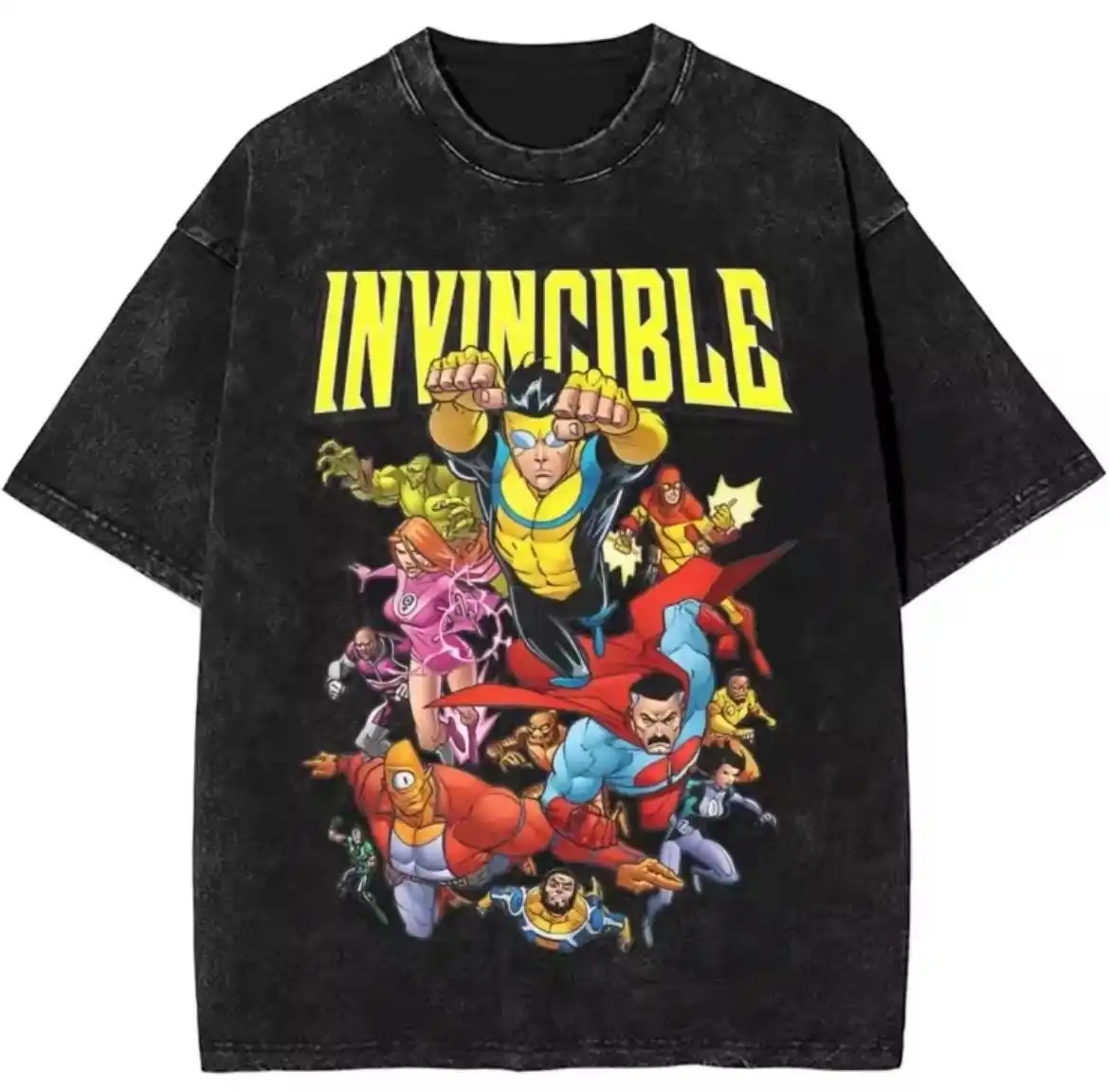 Anime Omni Man Invincible Manga Graphic Print T-Shirt Men Women Retro Washed O-neck Cotton Oversize Short-Sleeved Summer New Tee