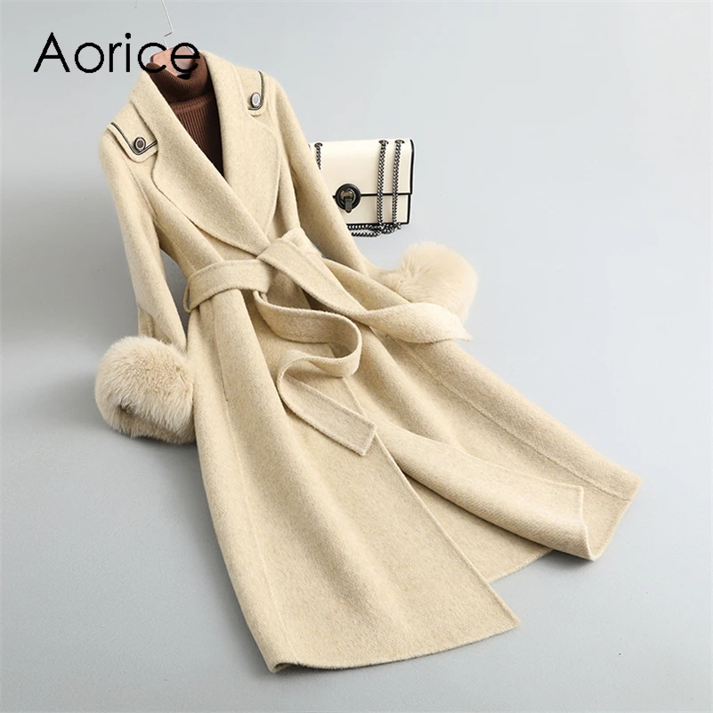 

Aorice Women Luxury Winter Wool Fur Coat Jacket Femal Fox Fur Collar Coats Lady Long Over Size Parka Trench CT21119