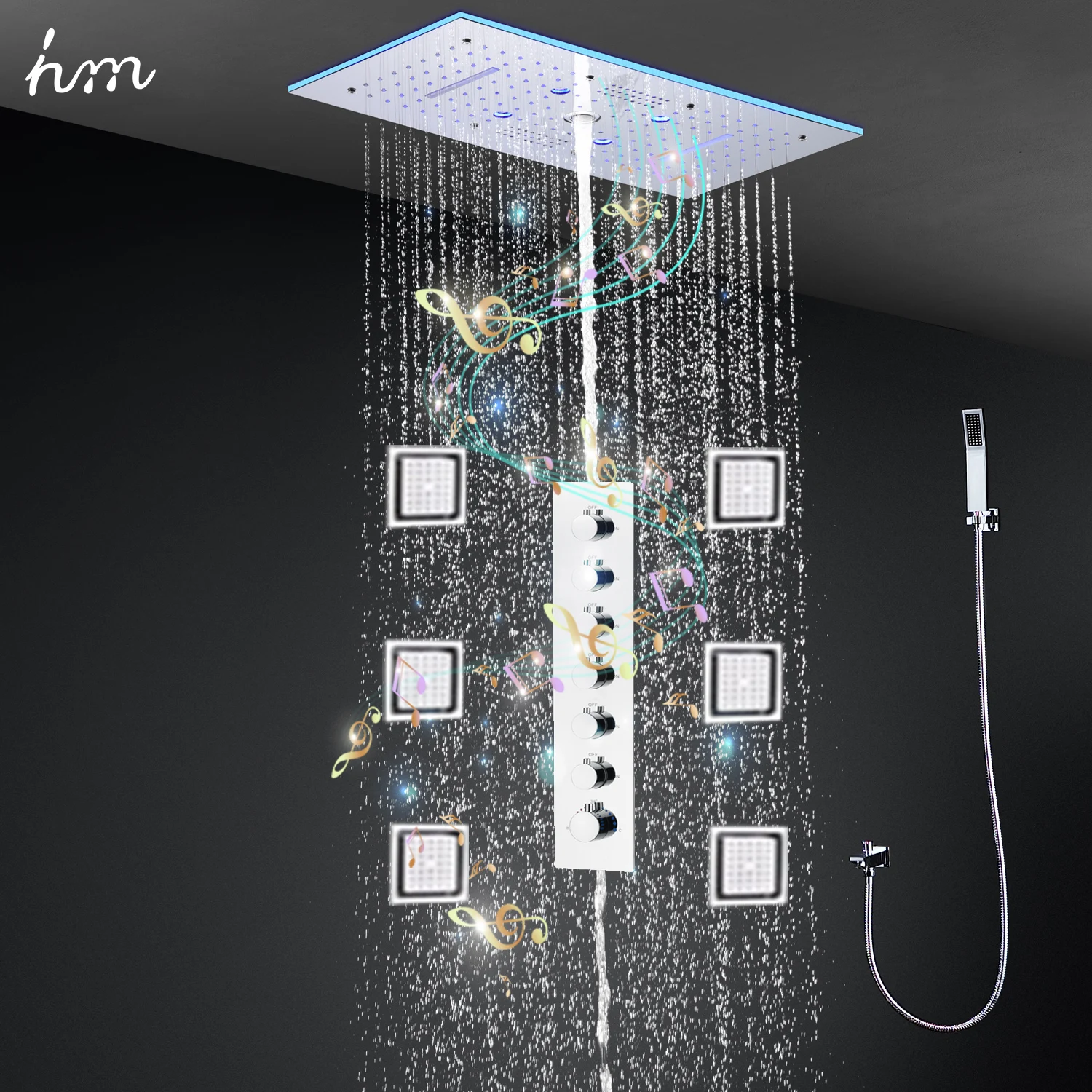 hm Europe Style Rainfall Waterfall Shower Head Large Ceiling Music LED Shower System Set Thermostatic Mixer Valve Lateral Jets