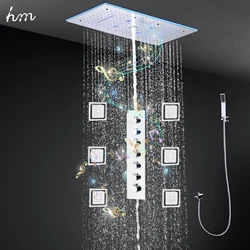 hm Europe Style Rainfall Waterfall Shower Head Large Ceiling Music LED Shower System Set Thermostatic Mixer Valve Lateral Jets