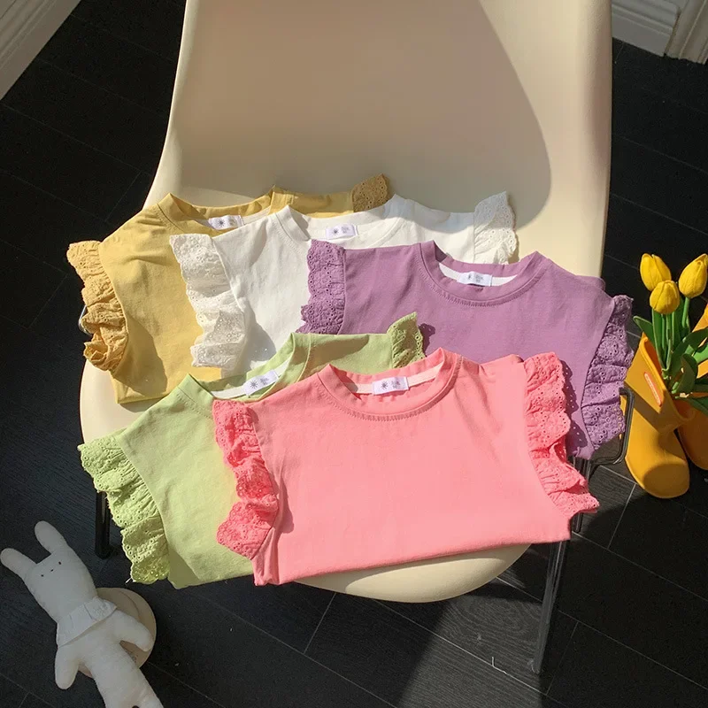 

Baby Girls Lace T-shirt Kids Top Tees Toddler Candy Color Shirts 2024 Summer Children's Clothing Korean Style