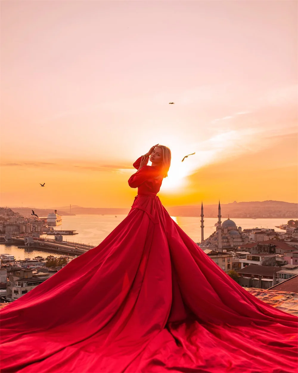 Sansa Long Sleeve Satin فساتين السهرة Flying Red Vestidos De Noche Elegant Travel Prom Dresses 2024