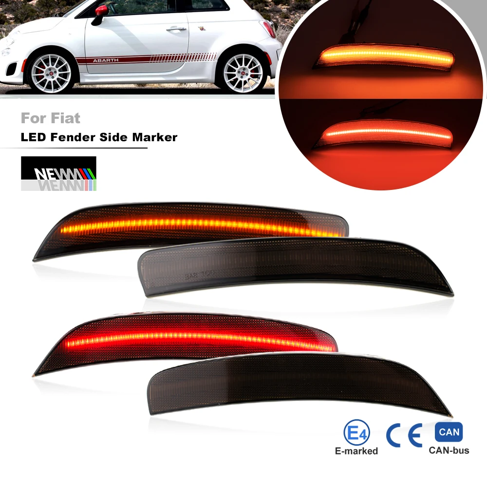 4PCs Smoked LED Fender Side Marker Light Replacement For 2012-2017 Fiat 500/500C Abarth Front Amber Rear Red Bumper Sidemarkers