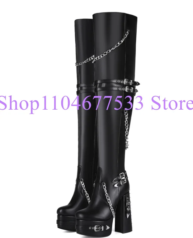 Black Leather Chunky Heel Rivets Chains Decor Lady Long Boots Sexy Buckle Strap Woman Platform Over the Knee Boots Party Shoes