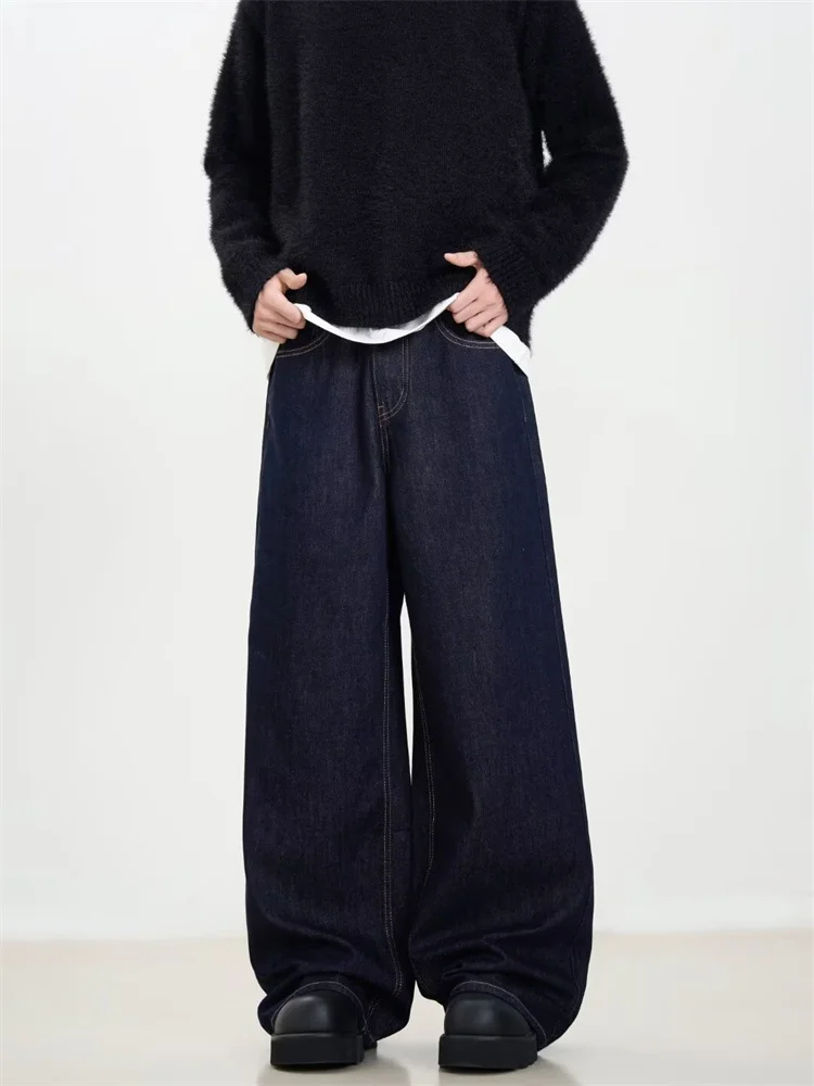 

Retro American Deep Blue Washed Men's Jeans Trendy Loose Wide Leg Long Pants Floor-Length Casual Straight Tube Trousers