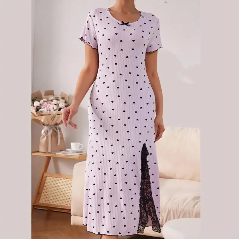 

L5YC Summer Short Sleeve Nightdress Women's Nightgowns Sweet Lace Night Gown Soft Ladies Nightdress Sleepwear Gifts