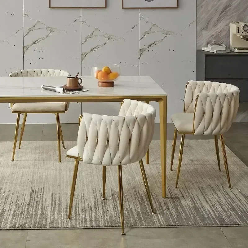 Velvet Dining Chairs Modern Nordic Dining Chair with Golden Metal Legs, Woven Upholstered Dining Chairs Living Room Minimalism