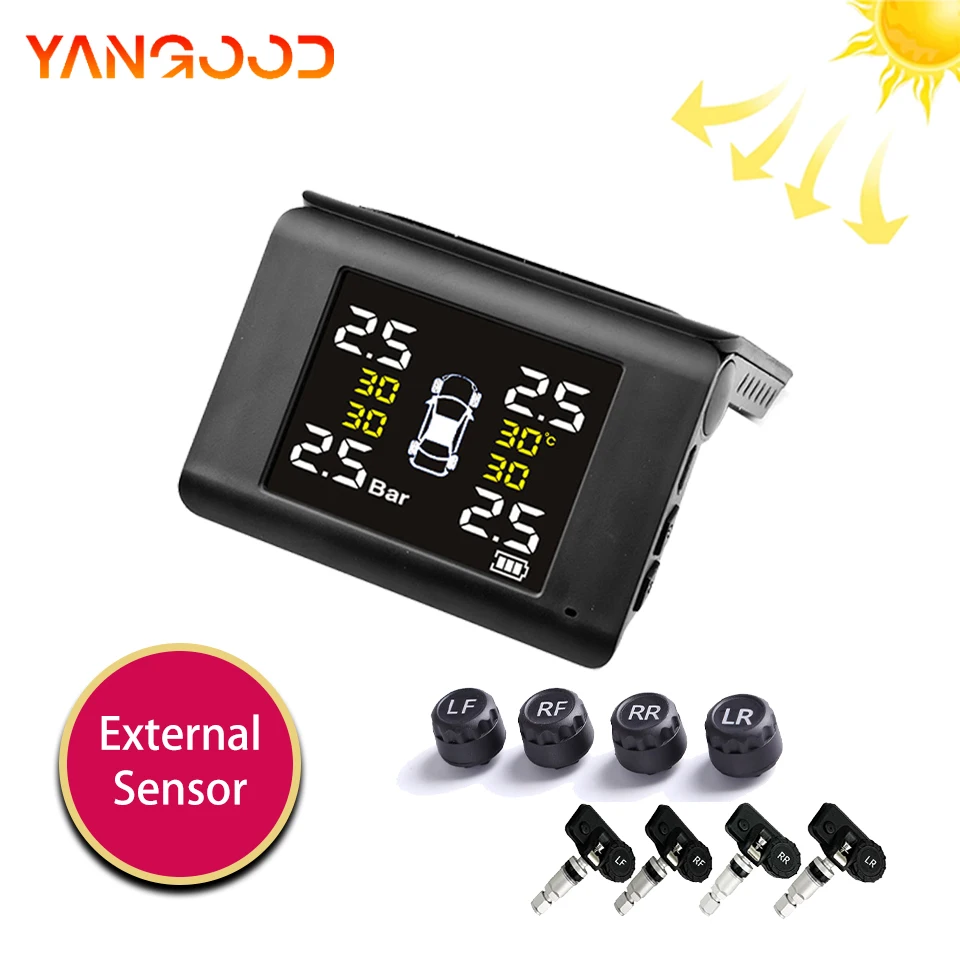Car Tire Pressure Monitor 4 Sensor Display Wireless Tire Pressure Detection Solar Powered Tire Pressure Automatic Alarm