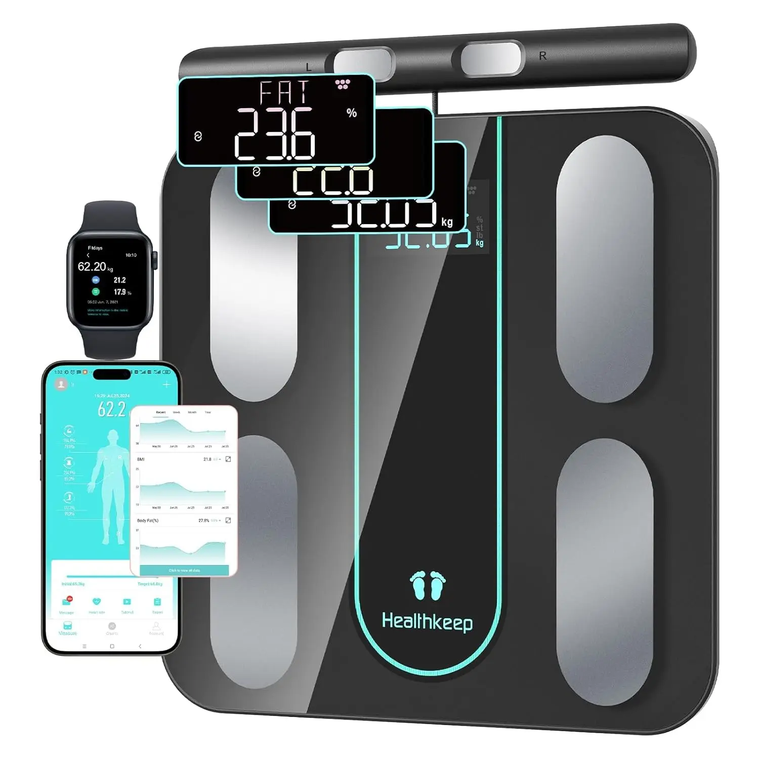 

Digital Bathroom Scale with 8 Electrodes, Measures 21 Body Metrics, Dual Frequency BIA, Compatible iOS Android, Max 400lb