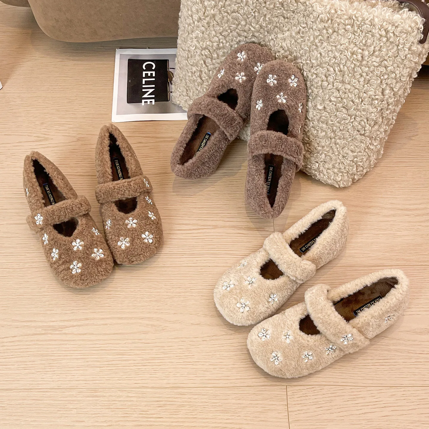 Women Wool Rhinestone Flats Women Furry Mary Janes Elevator Shoe Women Round Toe Cotton Lined Moccasin Fluffy Fur Loafers Femme