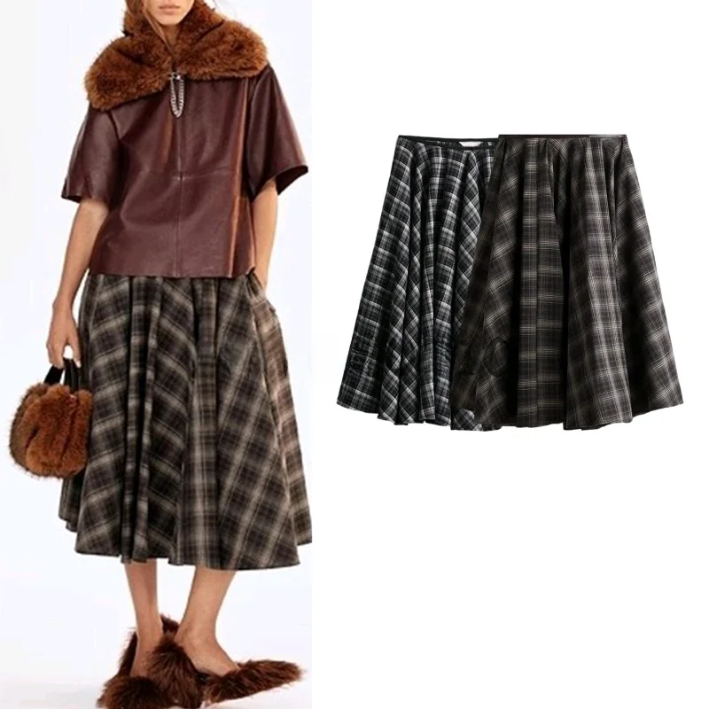 

High Waist A-Line Skirt Loose Plaid Gingham Umbrella Skirt Casual Polyester Fiber mid Waist Design Autumn Winter Skirt