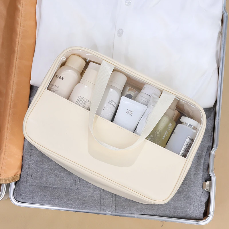 New Summer Beige Transparent Waterproof Makeup Bag Travel Wash Storage Bag Portable Fitness Swimming Handbag PVC