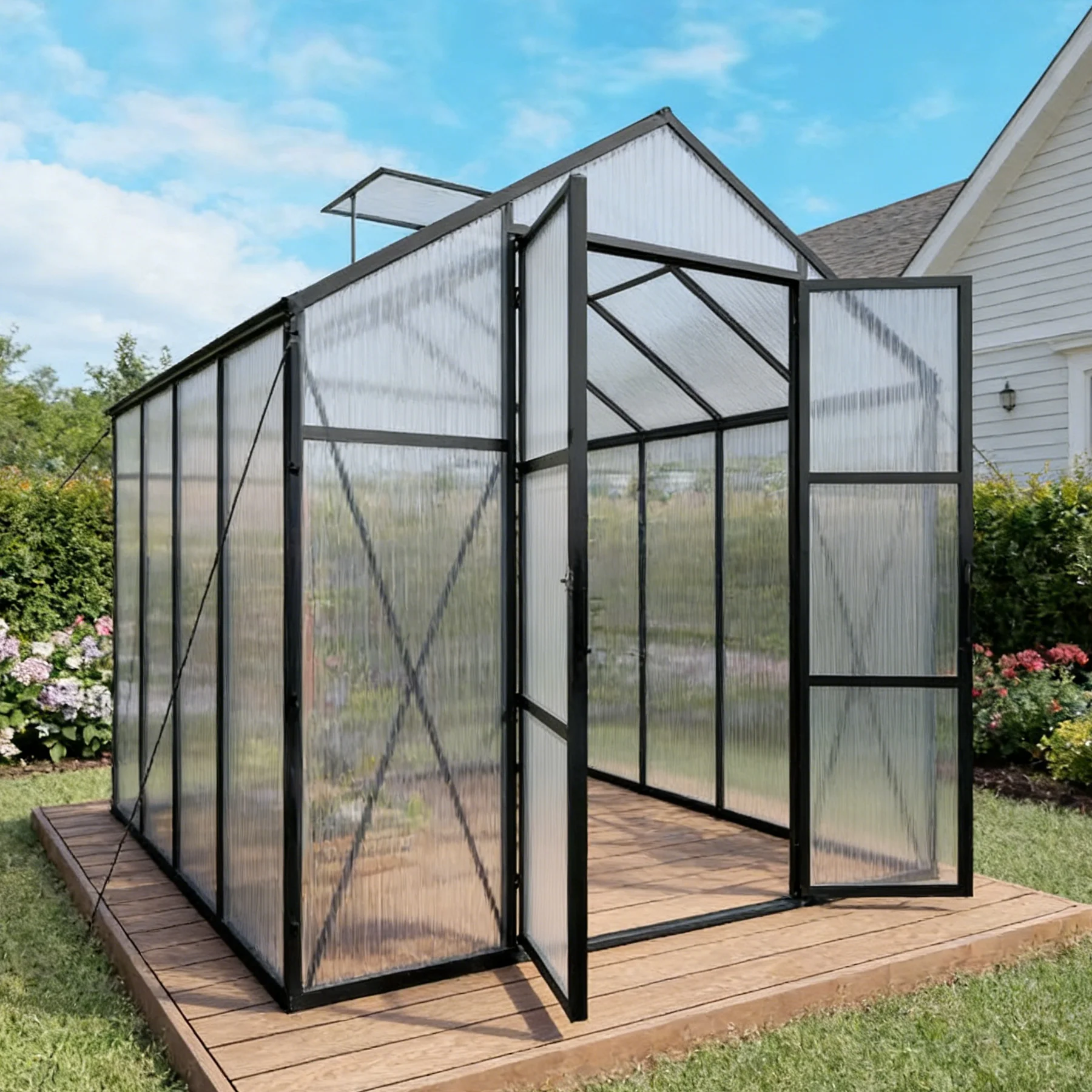 rt-8x10ft Walk Greenhouse Aluminum Frame Polycarbonate Double Door Large Garden Plant House DIY Easily Assembled Eco-Friendly！