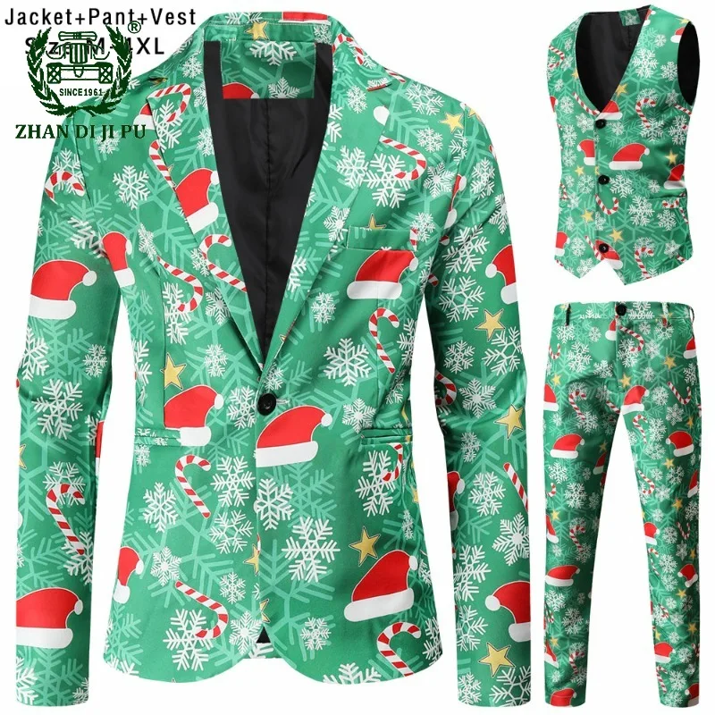 Goggles Santa Claus Christmas Suit for Men Three Peices New Year Dress Up Costume Homme Blazer + Vest + Pants Suits Dress 2023