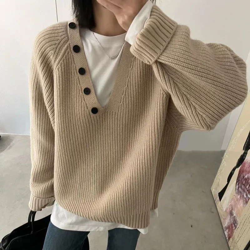 

NewChinese Atmosphere New Coat Autumn Winter V-Neck Design Loose Sweater With Scarf Solid Color Simple Comfortable Pullover Fema