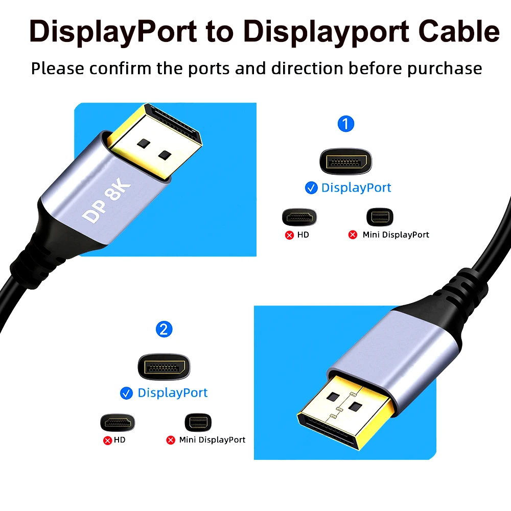 8K DP 1.4 Cable, 4K@144Hz 2K@165Hz DisplayPort 1.4 Cord, High Speed 32.4Gbps Video Cable for Gaming Monitor, PC, Graphics Card