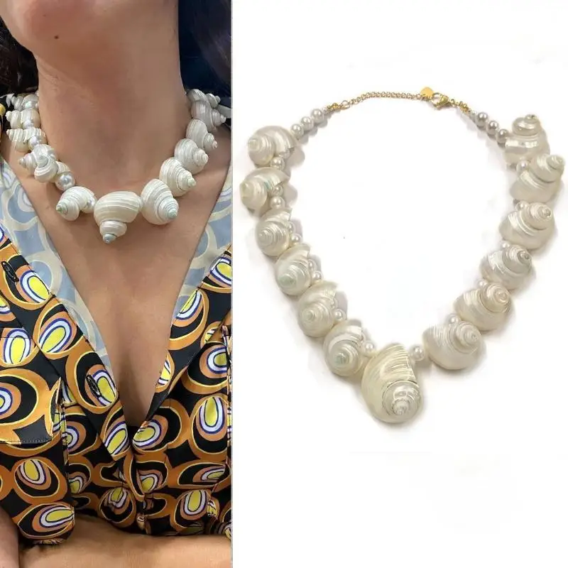 

Natural Real Freshwater Pearls Conch Shell Necklace Summer Versatile Pendant Necklace Trendy Retro Exaggerated Jewelry Accessori