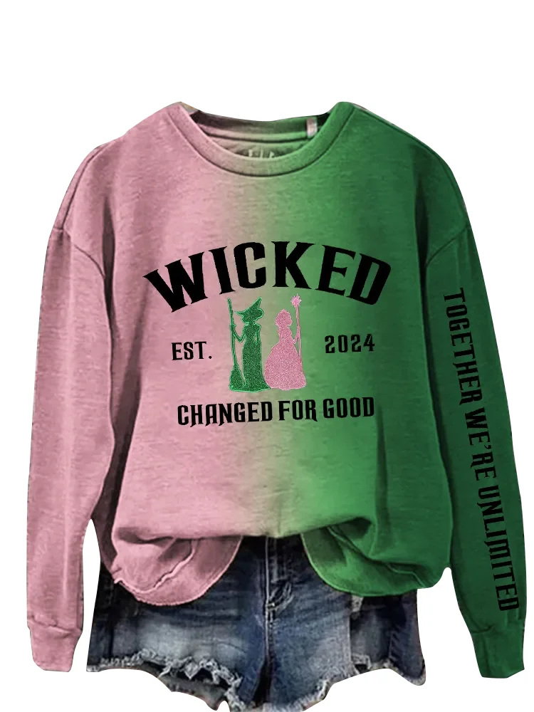 Sudadera 3D Wicked Glinda & Elphaba Sudadera de manga larga con cuello redondo Suéter para hombre/mujer