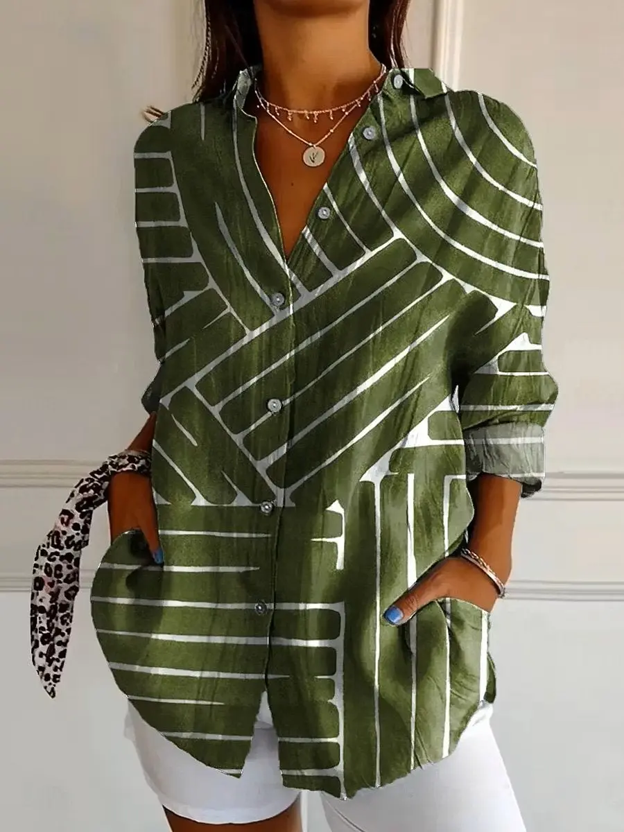 Women's Spring Summer 3D Printed Collar Button Down Blouse, Olive Green White Geometric Line Art Print Casual Daily Shirt