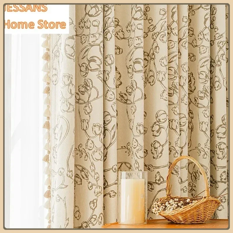 

New French Cream Chenille Jacquard Curtains for Living Room and Bedroom Light Luxury and Simple Finished Curtains Home Decor
