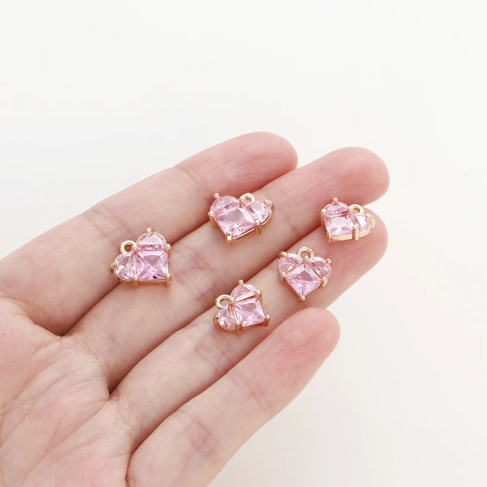 4pcs/lot 18K Gold Colors Clear Pink Heart Zircon Rhinestone Brass Pendants Bracelet Charm For Necklace Jewelry Making Findings